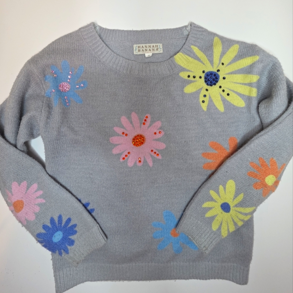 Hannah Banana Gray Sweater with Colorful Floral Accents Size 6